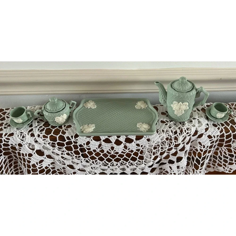 Miniature Sage Green Jasperware Style Tea Set Floral Bas-Relief 9pc Collection